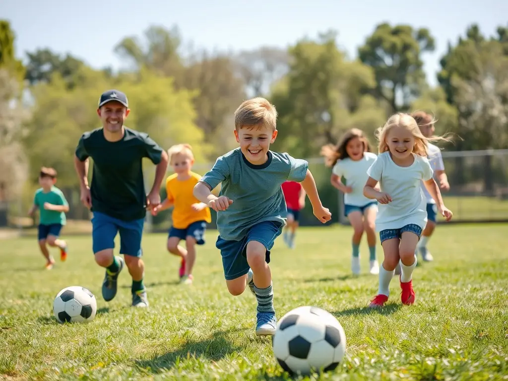 A vibrant image of children and adults playing soccer in a lush outdoor field, smiling and enjoying the game, representing the Community Sports Programs.