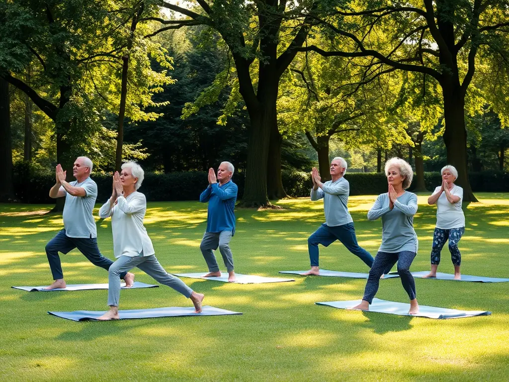 A photograph capturing a group of seniors participating in a gentle yoga session in a park, promoting flexibility and relaxation.