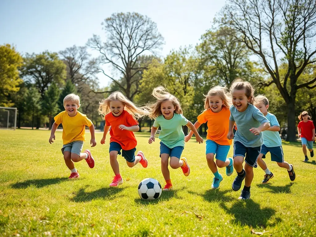 A vibrant image of children playing soccer in a park, representing Les Joyeux's community sports program. The scene should be filled with energy and laughter, showcasing the fun and inclusive nature of the activity.