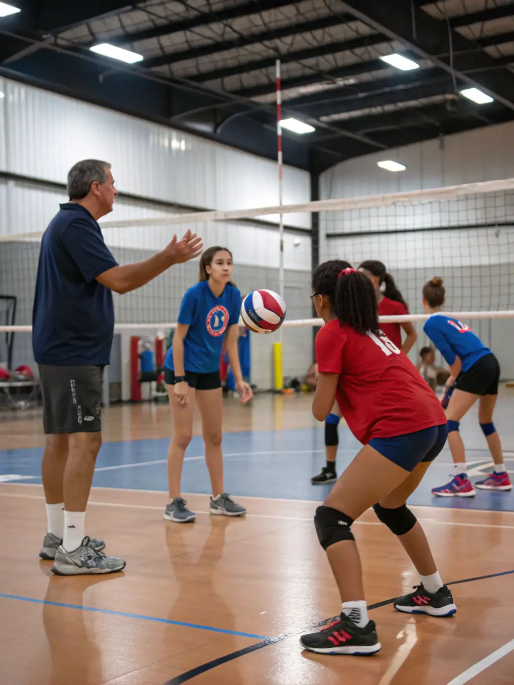A group of diverse individuals participating in a lively volleyball game indoors, showcasing teamwork and camaraderie.