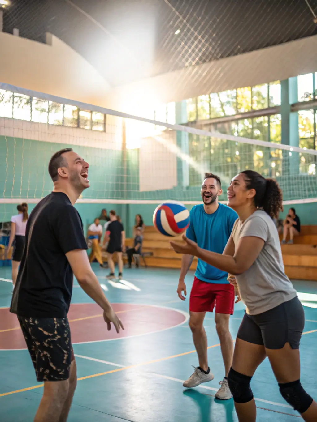 A group of adults participating in a volleyball game at a community center, illustrating Les Joyeux's commitment to providing recreational activities for all ages.