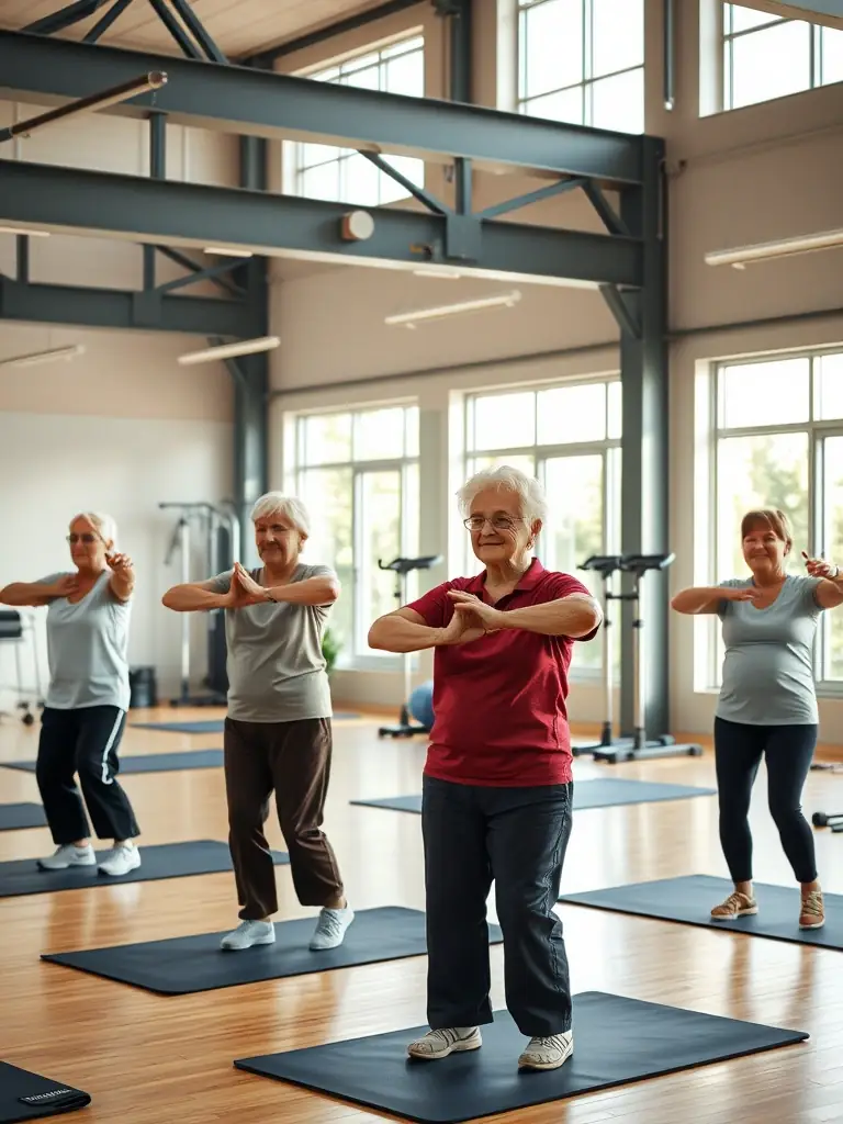 An image of seniors participating in a gentle exercise class, emphasizing Les Joyeux's dedication to promoting health and well-being among older adults.