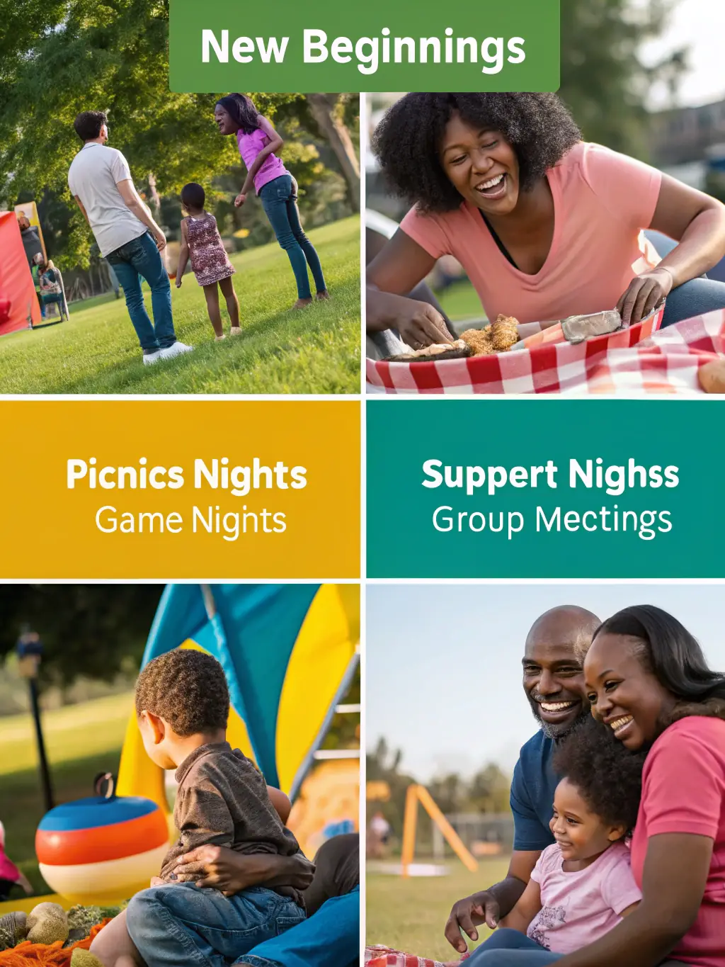 A collage of images showcasing various Les Joyeux activities, including sports, games, and community events.