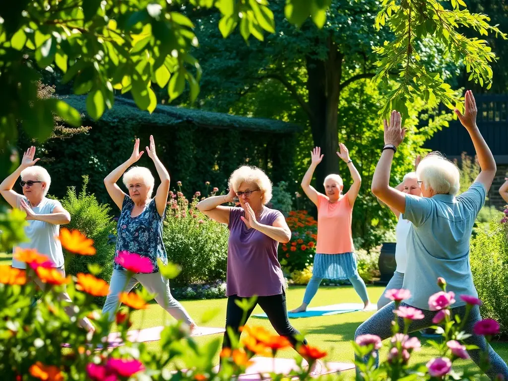 A serene image of a group of seniors participating in a gentle fitness class in a park, representing Les Joyeux's dedication to promoting active aging and well-being. The image should evoke a sense of calm and relaxation.