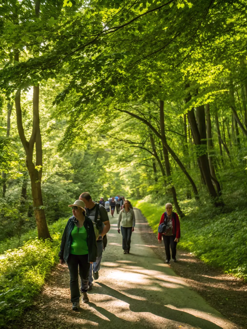 A serene image of people enjoying a leisurely walk in a park, surrounded by nature and fresh air.