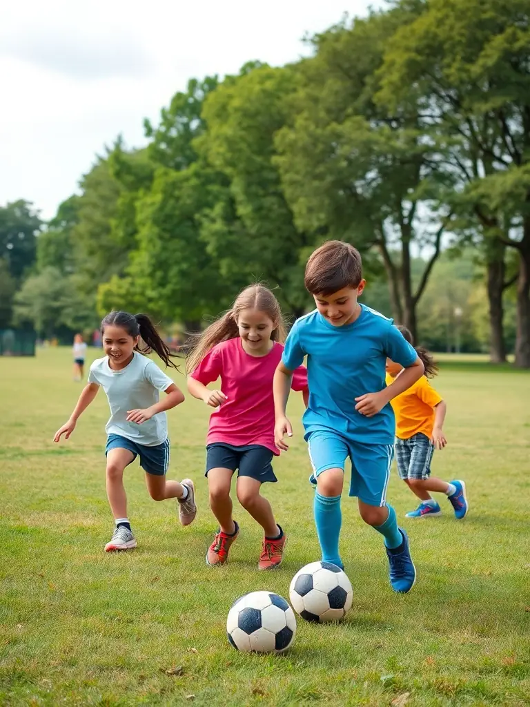 A vibrant image of children playing soccer in a local park, showcasing Les Joyeux's community sports program and promoting physical activity among youth.